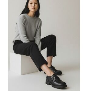 Vintage Bass 8.5M Black Leather Buckle Chunky Lug Sole Loafers Shoes Y2K Grunge